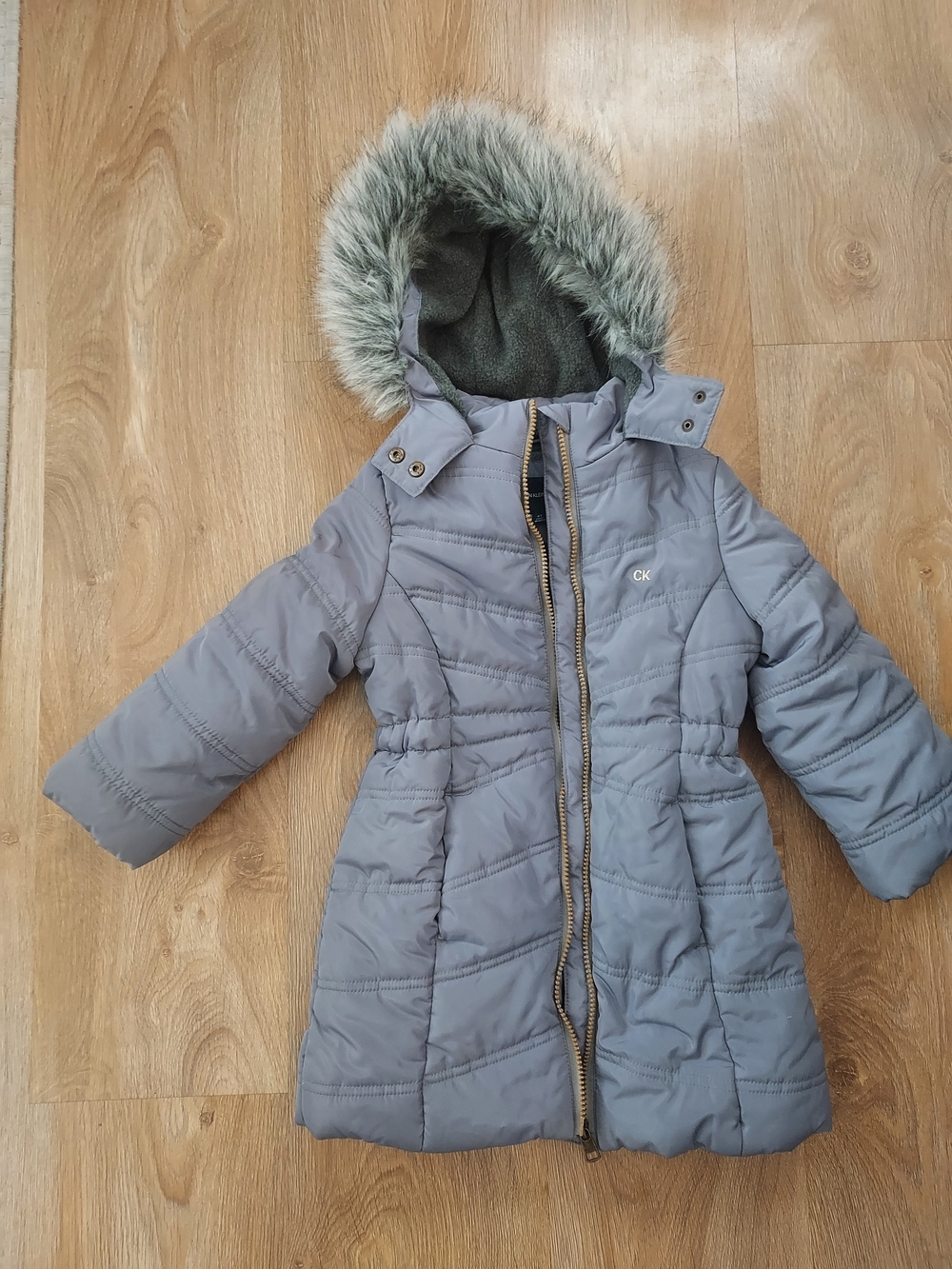 Calvin Klein Little Girls' Light Gray Quilted Puffer Coat with Faux Fur Hood